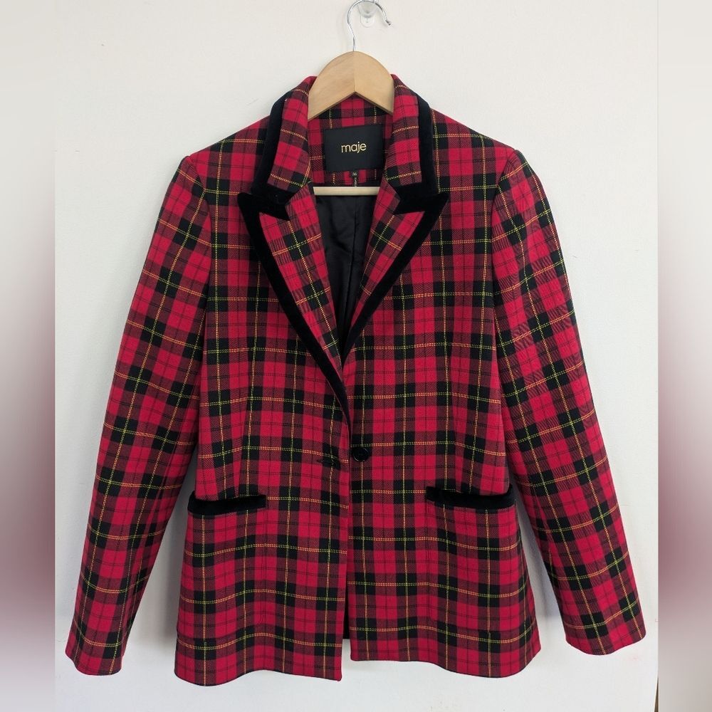 Maje Vanty Velvet-trim Red Black Plaid Tartan Blazer FR 36 / US 6